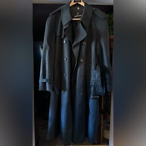 Vintage Adolfo Black Long Trench Coat Removable Liner Classic Sz-XL
